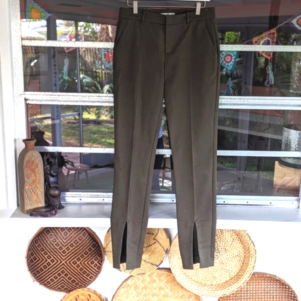 Mango Olive Green Slim Trousers with Front Slits